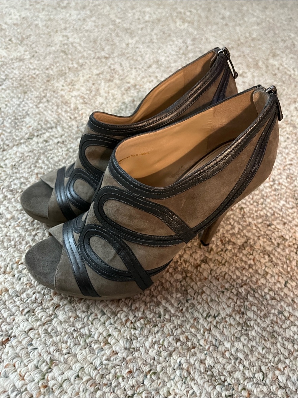 Via Spiga Taupe Suede Peep-Toe Heels with Black Trim